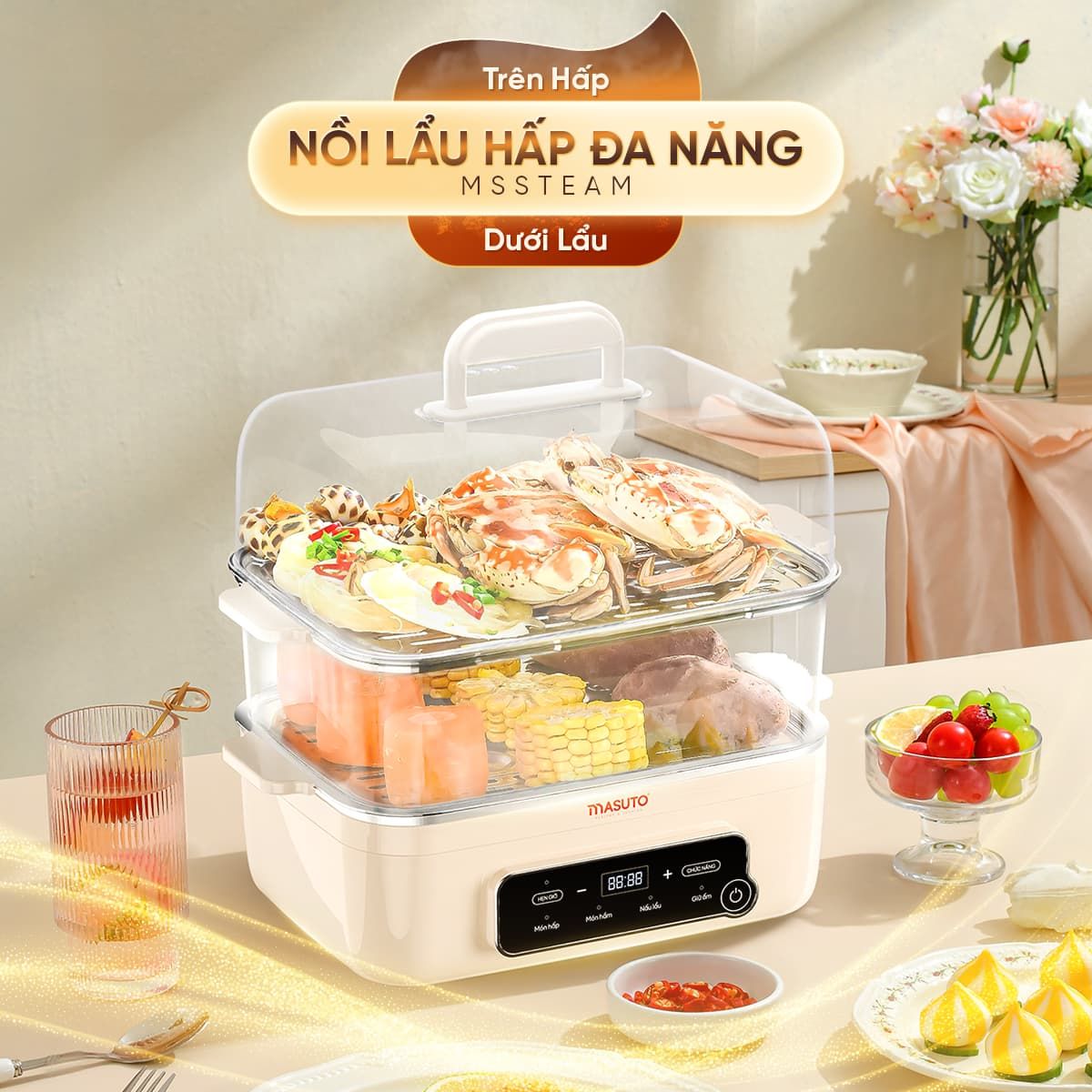 Nồi Lẩu Hấp Đa Năng 3in1 Masuto MSSteam - Vừa Lẩu, Vừa Hấp, Vừa Hầm, Công Suất 1500W, Dung Tích 14,5L, Hấp Gà Nguyên Con - Hàng chính hãng