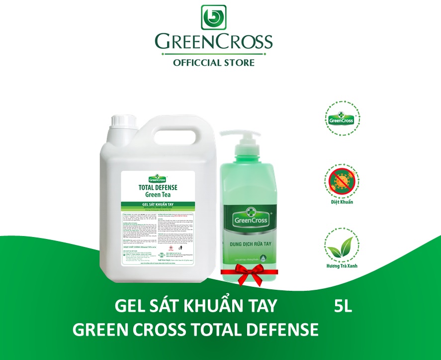 Gel sát khuẩn tay dùng trong gia dụng và y tế - GREEN CROSS TOTAL DEFENSE - CAN 5 Lít Tặng thêm 1 chai nước rửa tay kháng khuẩn Green Cross 500ml