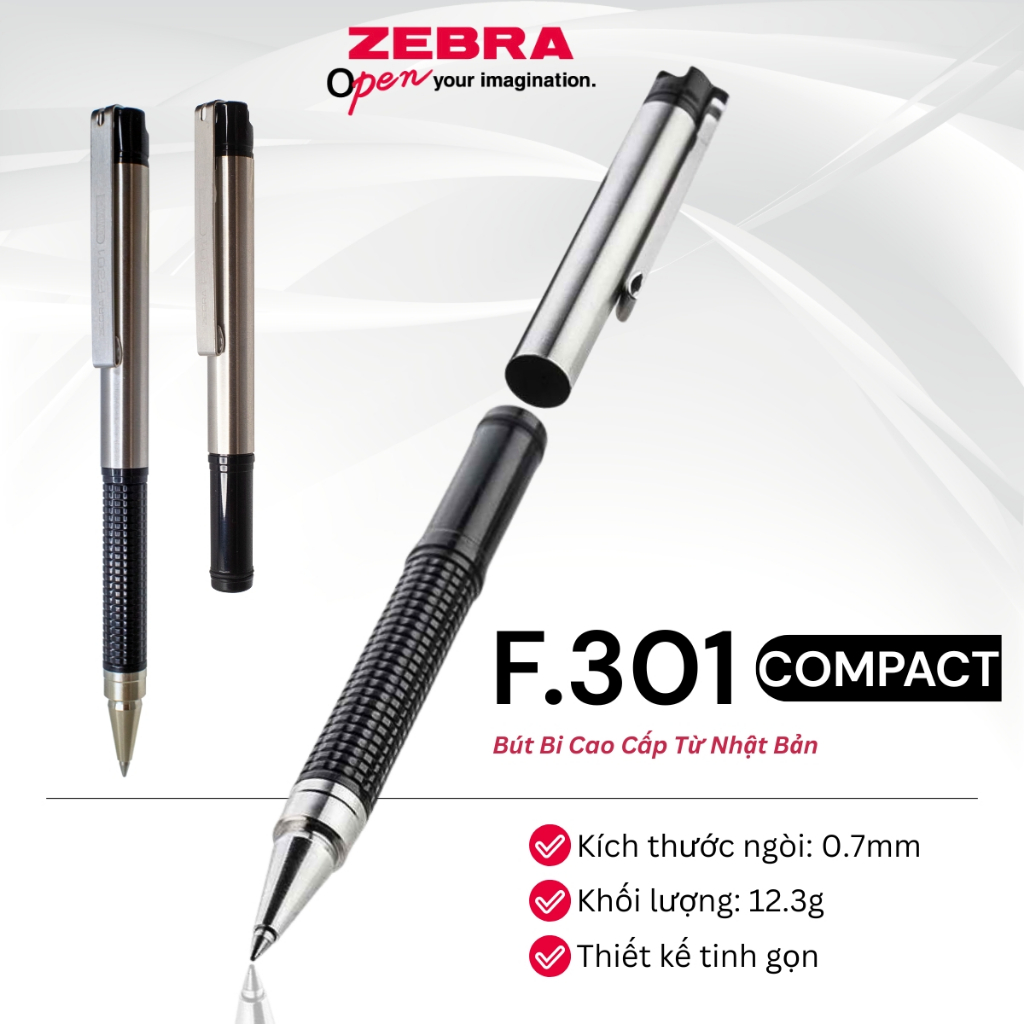 Bút Bi Cao Cấp F.301 Compact 0.7mm Zebra Pen - Mực Xanh, Thân Kim Loại, Nhẹ 12.3g [CHÍNH HÃNG]
