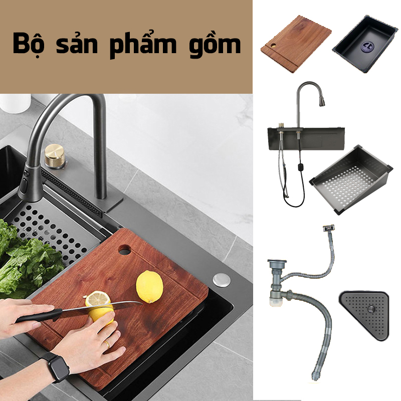 Bồn Chậu Rửa Chén Bát Vòi Thác Nước 1 Hố Nano Đen 75x46cm Lớn 