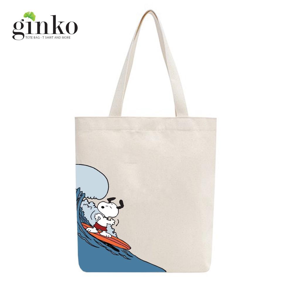 Túi tote vải mộc GINKO basic có dây kéo khóa miệng túi đựng vừa laptop 14 inch và nhiều đồ dùng khác in hình Snoopy and Friends M98