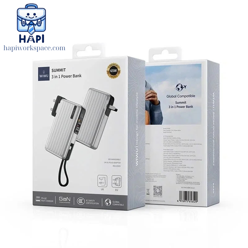 Sạc dự phòng hàng chính hãng WiWU Summit 10.000mAh 30W Wi-P045: Tích hợp cáp Type-C, kiêm củ sạc 65W đa năng