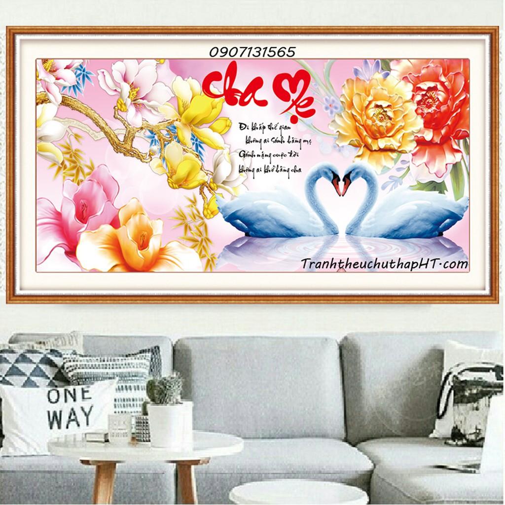 Tranh đính đá cha mẹ thiên nga LV090: 100*50cm