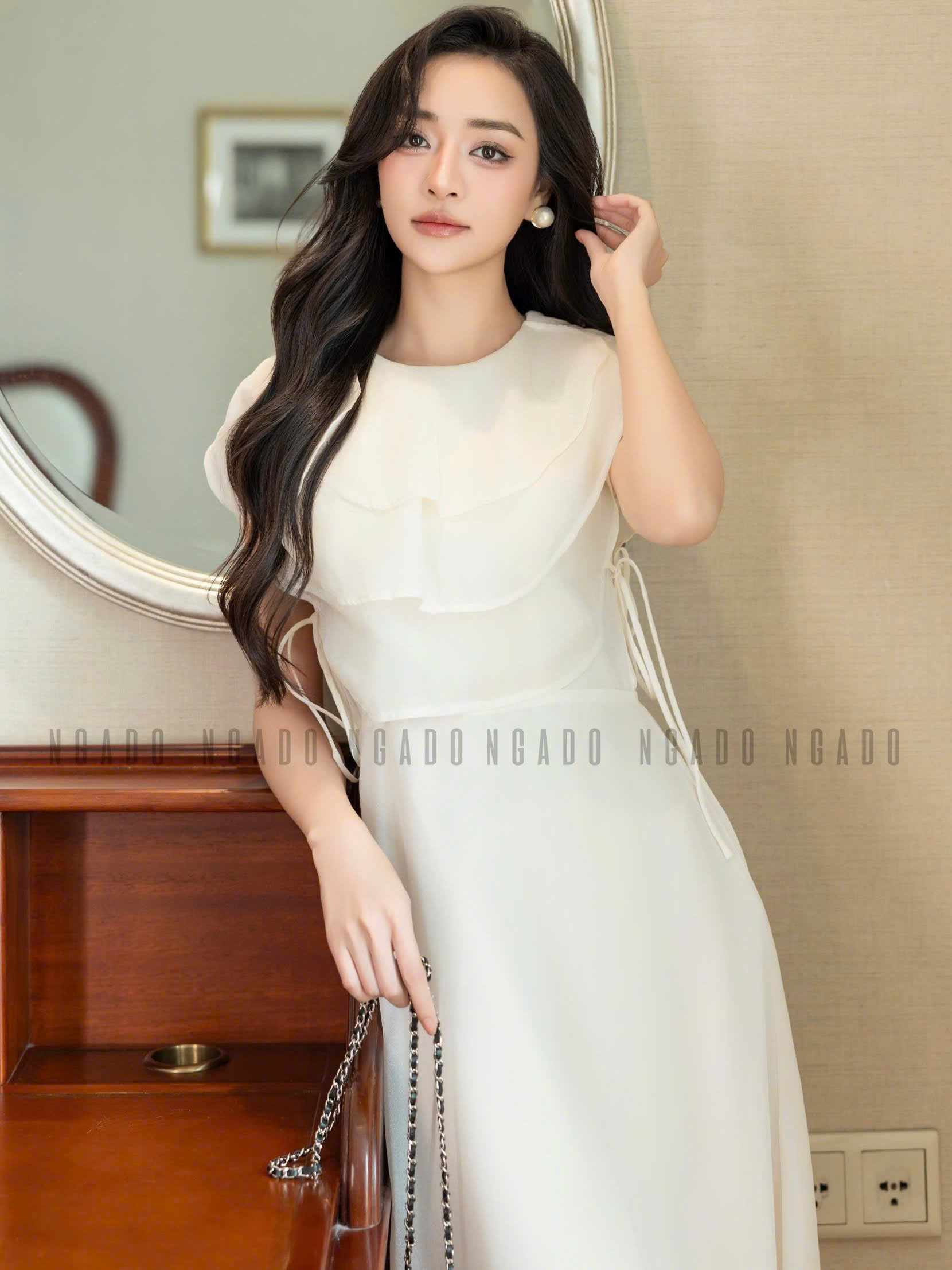 Đầm kem cổ xếp tầng NGADO , đầm xòe
