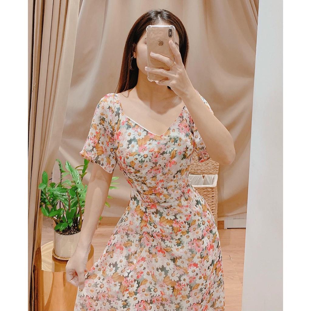 ĐẦM MAXI HOA HỒNG VOAN 2 LỚP HOA NHÍ DỰ TIỆC CỔ V TAY LỠ CÁNH TIÊN DÁNG XÒE NHÍN THÂN