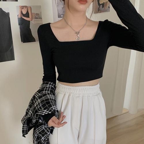 Áo Croptop Tay Dài Cổ Vuông Màu Trơn Co Giãn Phong Cách Hàn Quốc 3 Màu Tùy Chọn