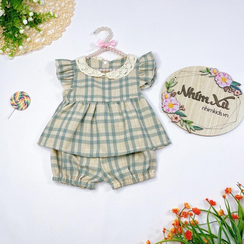 Set Bộ Caro Xám Bé Gái 4kg Đến 17kg Chất Đũi Sợi Siêu Mát