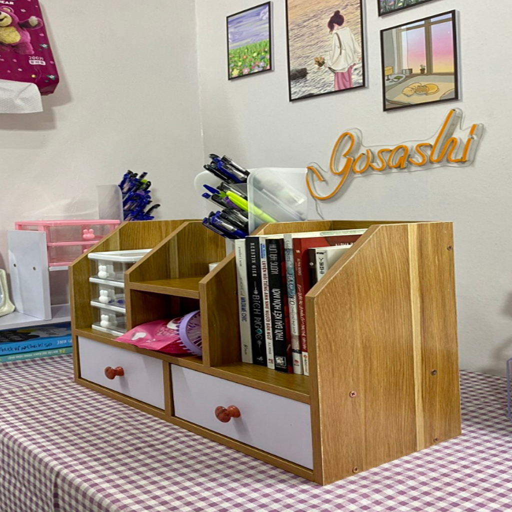 Kệ Sách Để Bàn Chữ H , Kèm 2 Ngăn Kéo Cao Cấp Gỗ MDF Mẫu 7 - Thương Hiệu Gosashi - KSDBchuH