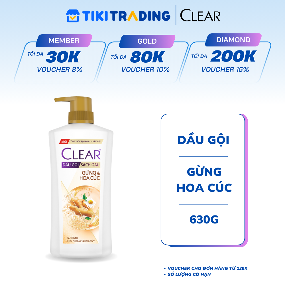 Dầu Gội Clear Thảo Dược Nuôi Dưỡng Da Đầu Từ Gốc, Sạch Gàu Và Giảm Gãy Rụng 630g - Gừng &amp; Hoa Cúc