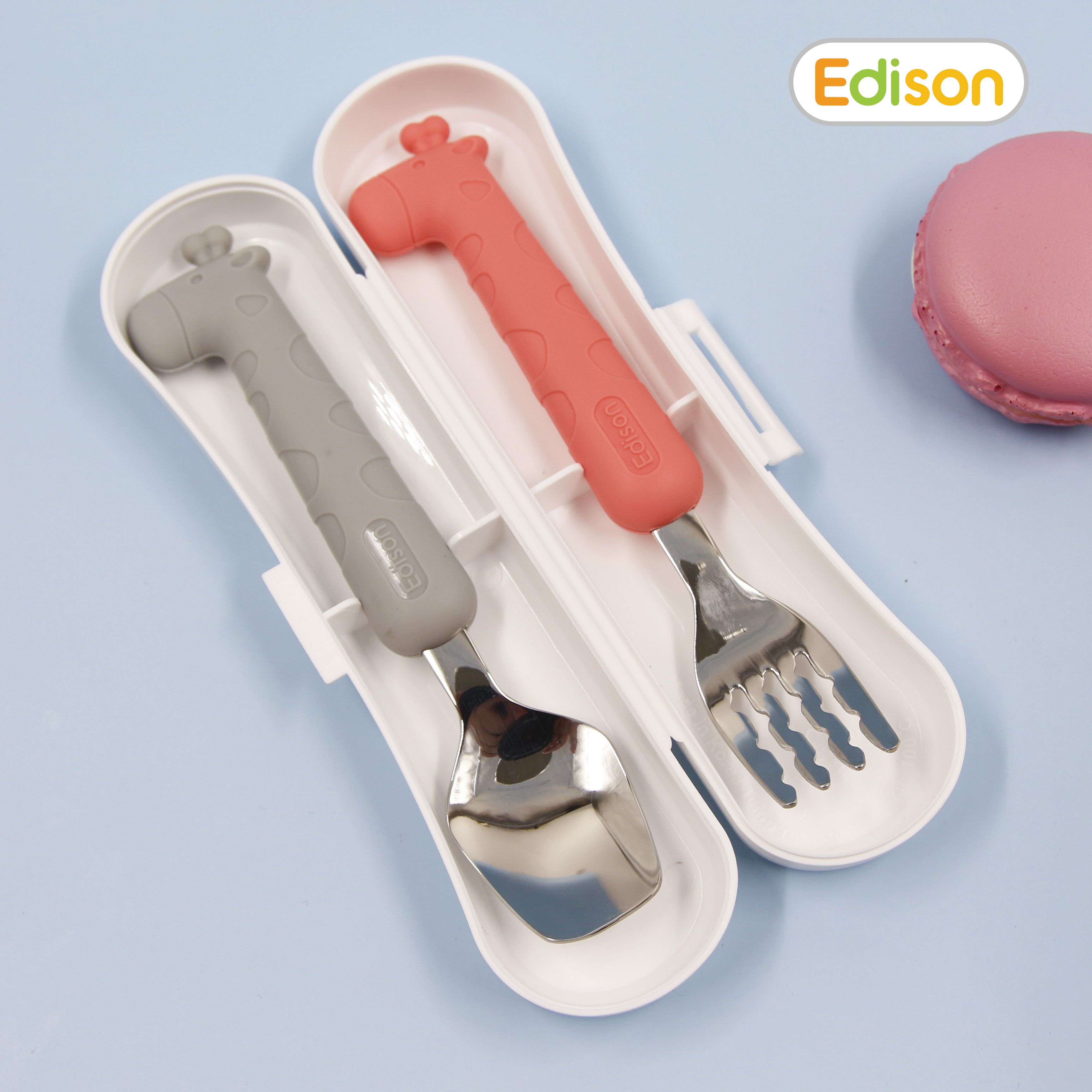 Bộ thìa nĩa ăn dặm cho bé inox 304 chống gỉ bọc silicon BPA Free có hộp đựng hình hươu cao cổ Edison chính hãng Hàn Quốc