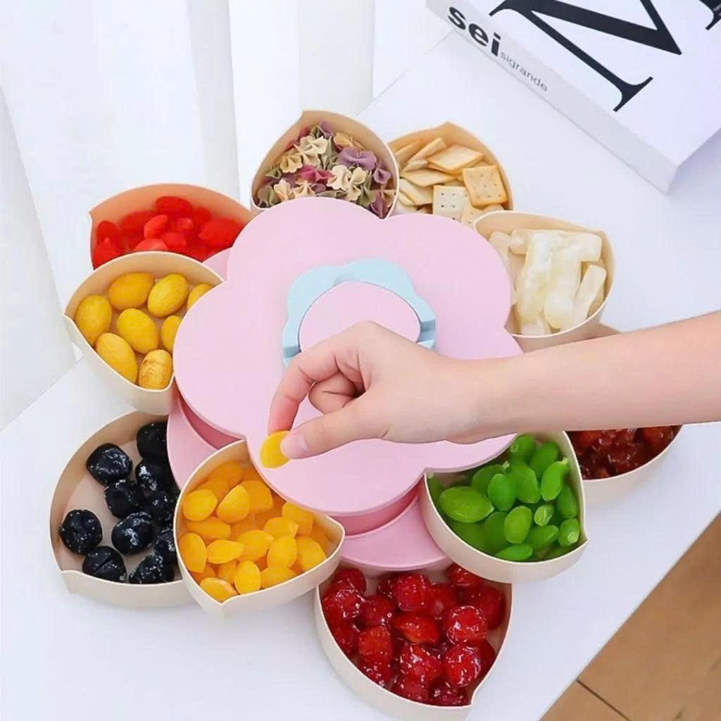 Khay đựng mứt bánh kẹo tết 2 tầng 10 cánh xoay 360 độ trưng bày bánh kẹo tết