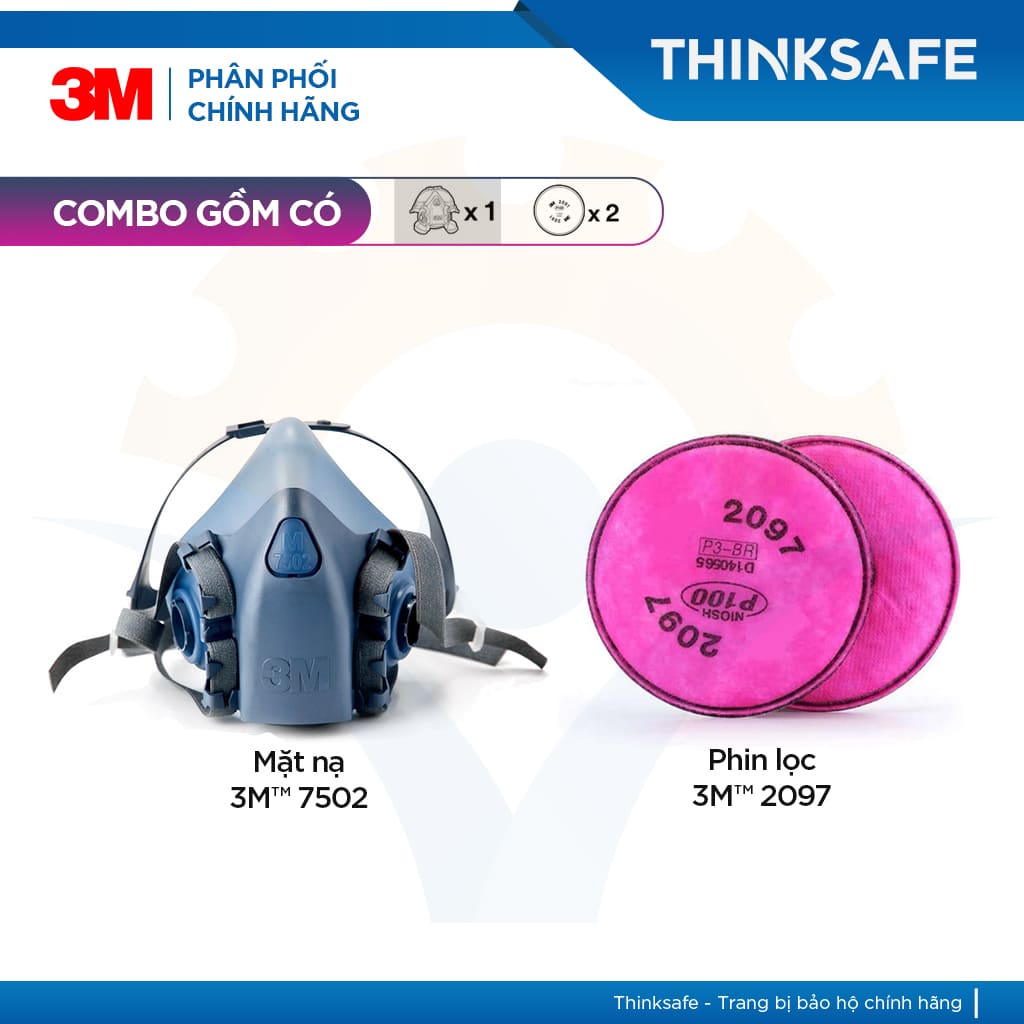 Mặt nạ phòng độc 3M 7502 bộ 3 món sử dụng phin 3M 2097 - Mặt nạ N95 phòng dịch, chống bụi, chống độc, khói hàn - lọc hơi hữu cơ nồng độ thấp