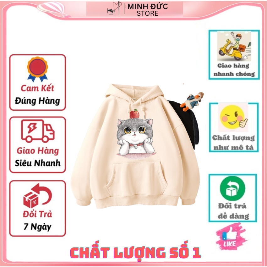 Áo Nỉ Nữ Form Rộng LM02, Áo Nỉ Có Mũ In Mèo Táo Dễ Thương, Vải Nỉ Bông - TRẮNG