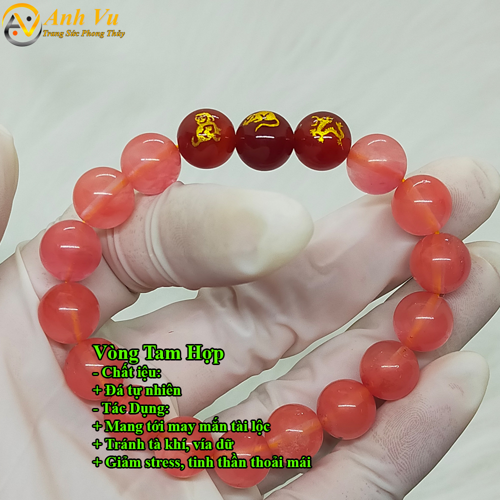 Vòng tay mã não đỏ tam hợp thân tý thìn - size 8 10ly cho người mệnh thổ, mệnh hỏa - có khai quang điểm nhãn may mắn tài lộc - bảo hành 12 tháng - PHONG THỦY ANH VŨ