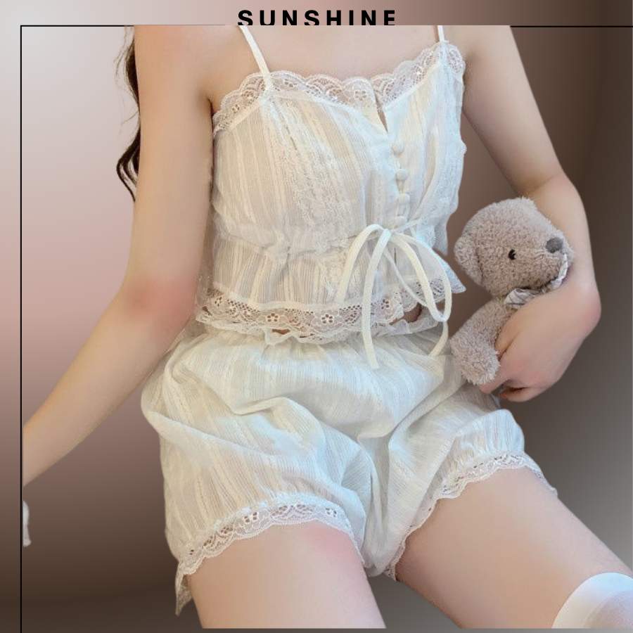 Bộ Đồ Ngủ- Mặc Nhà Quần Đùi Áo Croptop Hai Dây Ren Đũi Mỏng-SUNSHINE