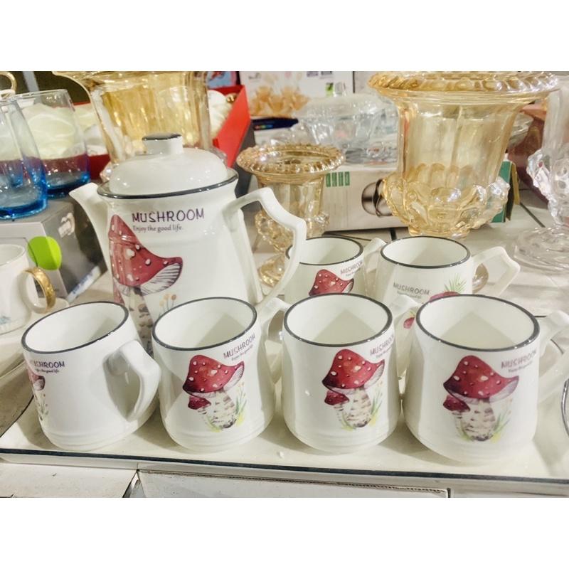 Bộ ấm chén kèm khay hình nấm phong cách Hàn Quốc