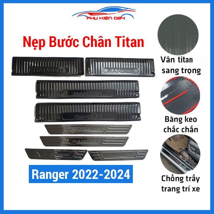 Bộ nẹp bước chân ô tô Ranger 2022-2023-2024 vân titan, ốp bậc cửa lên xuống chống trầy xước, trang trí xe hơi