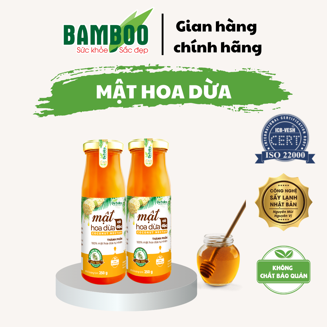 Combo 2 Mật hoa dừa Bamboo nguyên chất, 100% từ thiên nhiên dành cho người ăn kiêng, tiểu đường, người ăn thuần chay và các món chay (hủ 250g x2)