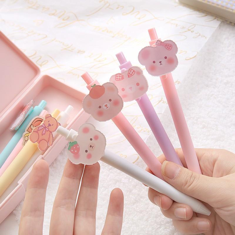 Bút Bi Bấm Nhiều Màu Maccaron Gắn Hình Chibi Dễ Thương 0.5mm Mực Đen