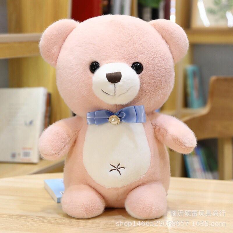 Gấu bông hồng đeo nơ xanh lông mượt siêu hiếm