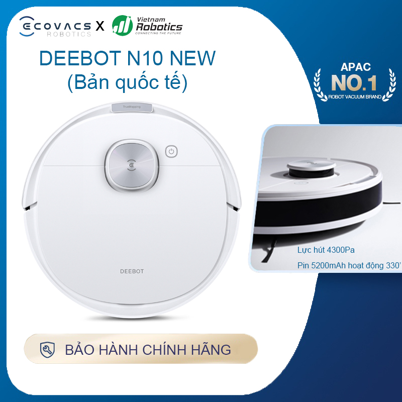 Robot hút bụi lau nhà Ecovacs Deebot N10 New - Trắng Bản Quốc tế - App Tiếng Việt, hàng nhập khẩu chính hãng full VAT, bảo hành chính hãng 24 tháng bởi Vietnam Robotics, lực hút 4300Pa, thời gian hoạt động 330 phút liên tục