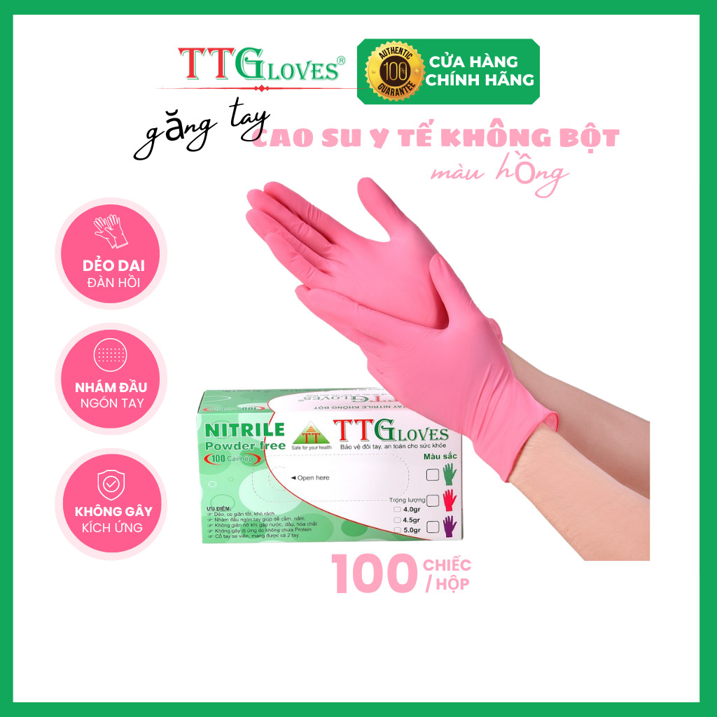 Găng Tay Y Tế, Găng Tay Cao Su Y Tế Không Bột Nitrile TTGLOVES cao cấp Màu Hồng 4.0g 100 Chiếc (SIZE M)