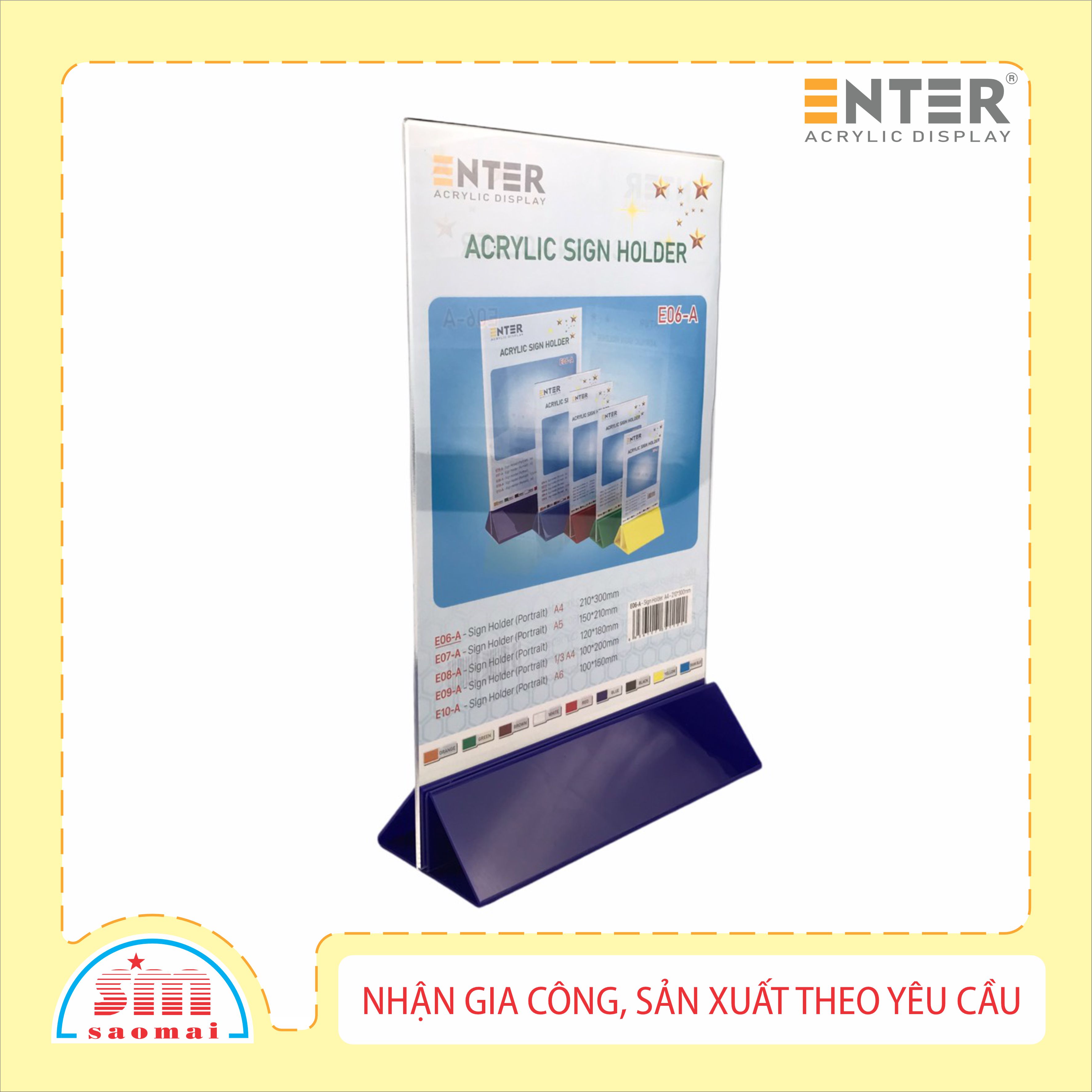 Kệ mica 2 mặt Enter E06-A LR 210x300mm đế lùa uốn chân chữ A
