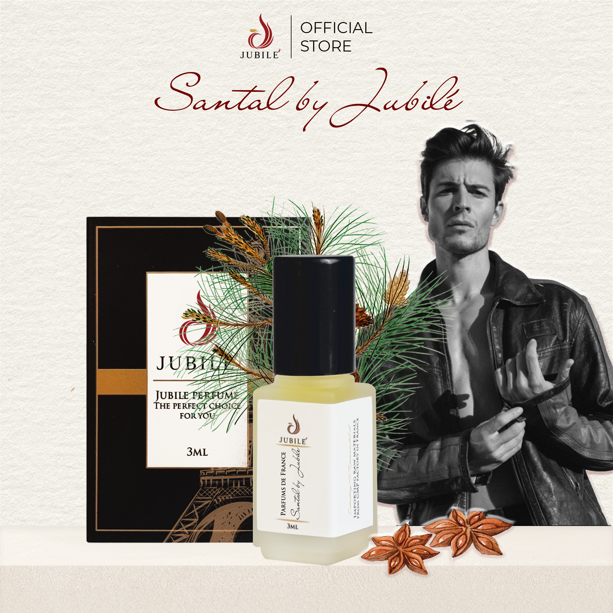 Santal by Jubilé - Tinh dầu nước hoa Pháp Nam Minisize Dạng lăn 3ml Thơm Lâu, Sang Trọng, Quyến Rũ