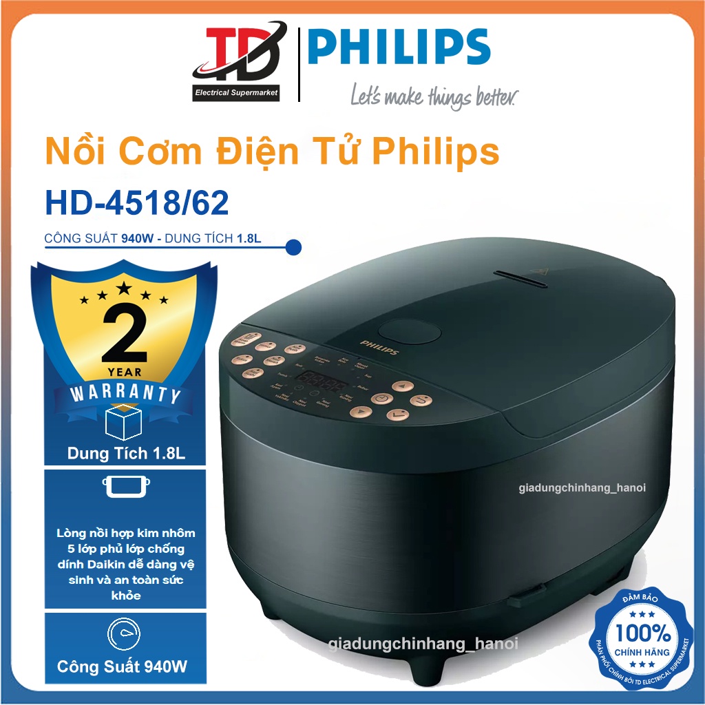 Nồi Cơm Điện Tử Philips HD4518/62, Công Nghệ Nấu 3D 18 Chức Năng, 940W-1.8Lit, Hàng Chính Hãng