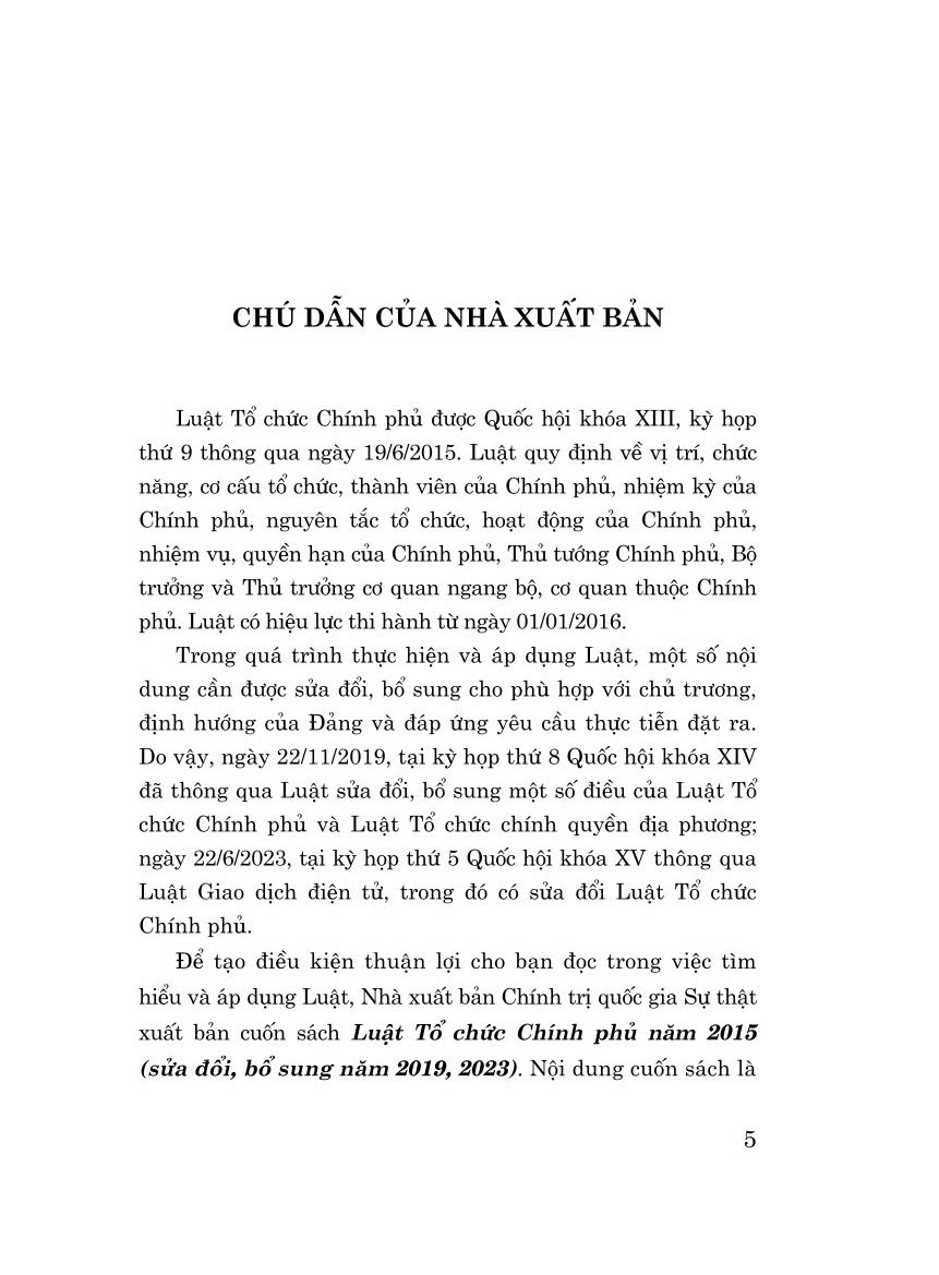 Luật tổ chức chính phủ năm 2015 (sửa đổi, bổ sung năm 2019, 2023) bản in 2024