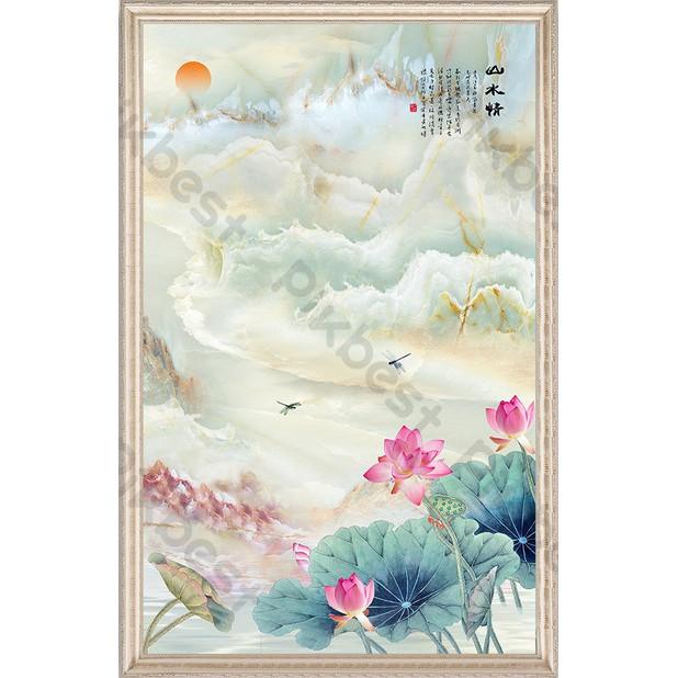Tranh dán tường Phong cảnh hoa sen sang trọng, Tranh dán tường 3d hiện đại , MS743880