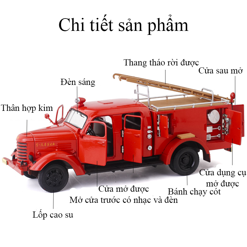 Đồ chơi mô hình xe cứu hoả bằng hợp kim nguyên khối có nhạc và đèn chạy cót mở được 10 cửa kèm thang