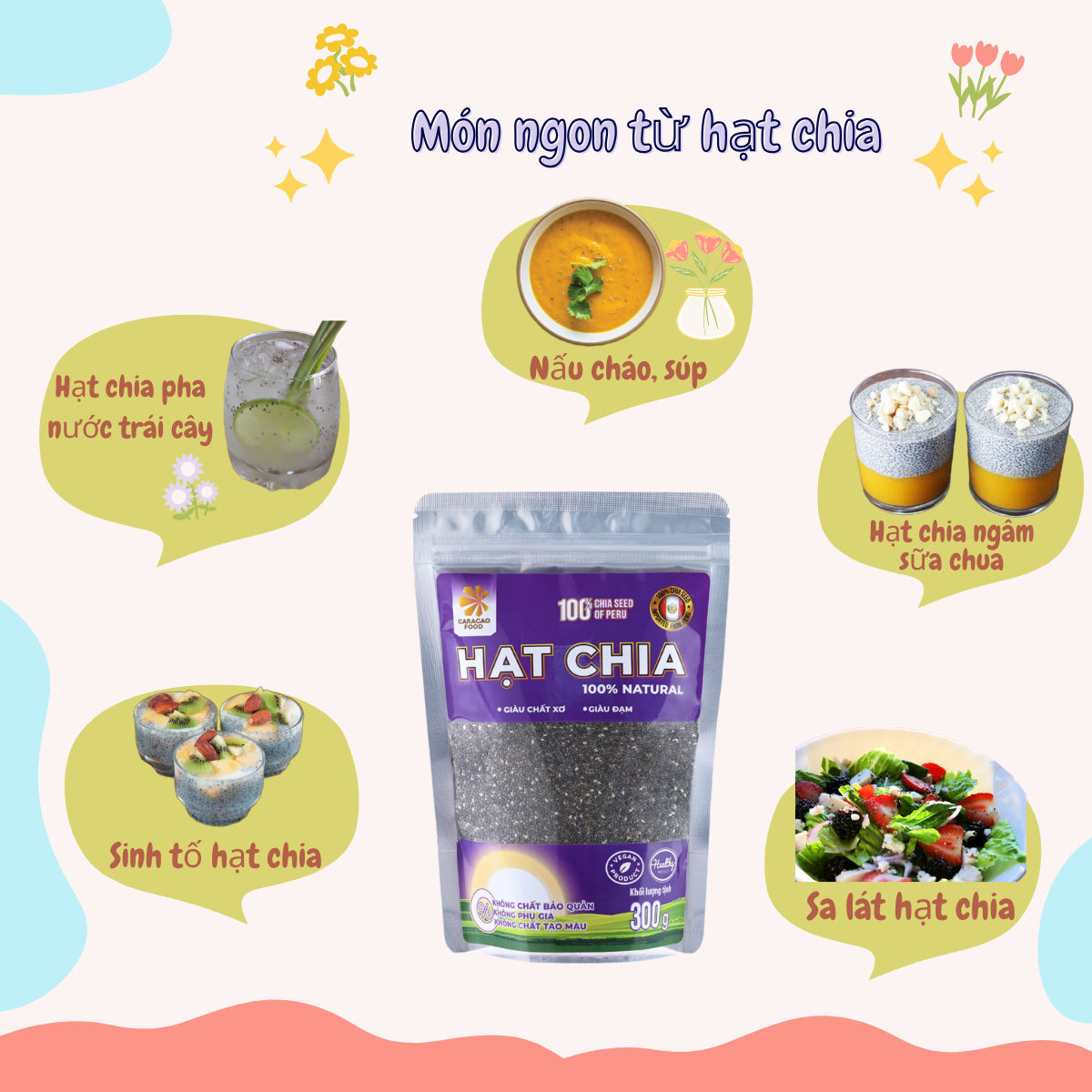 [GIÁ HỦY DIỆT -Date 30.11.2026] Hạt Chia Peru - Túi 300g, GIàu Omega, Giàu Chất Xơ, Giàu Đạm, hỗ trợ giảm cân - Caracao Food