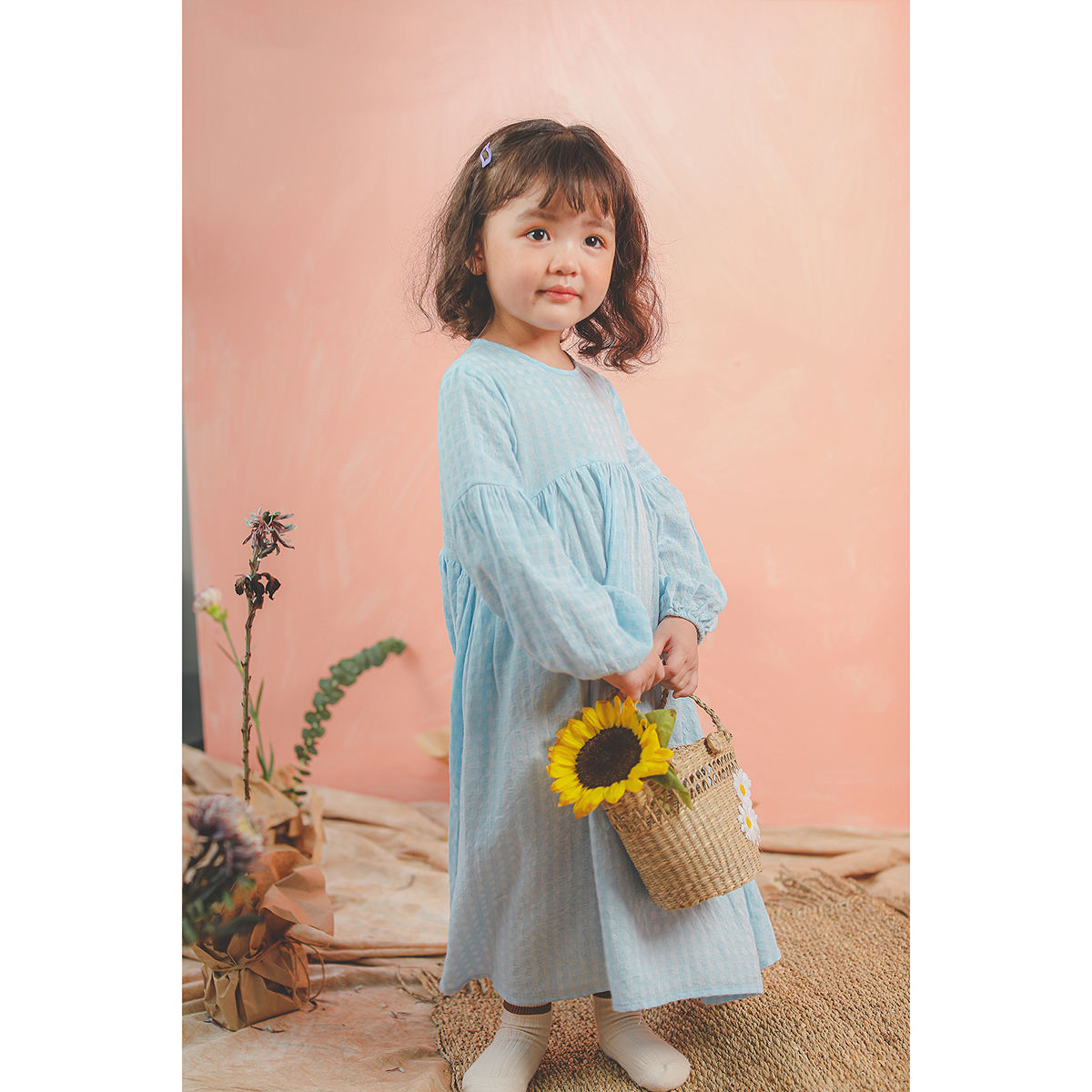 Váy babydoll dài tay bé gái hoạ tiết ô vuông - Lovekids
