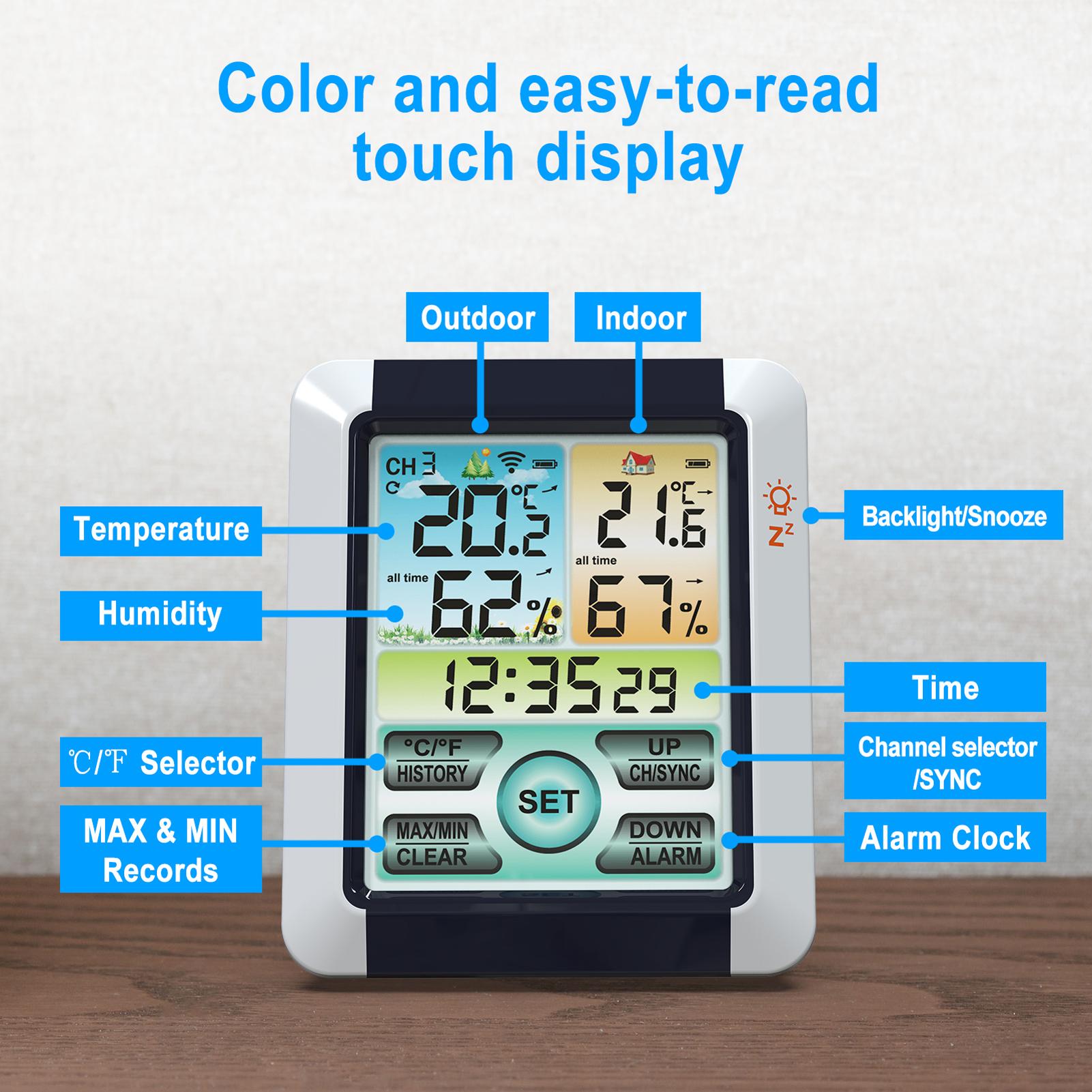 Indoor Outdoor Temperature Humidity Meter Color Touchable Screen with Backlight Time Alarm Snooze Function Household Desktop Multifunction Temperature Humidity Meter ℃ ℉ Switch History Data Viewing