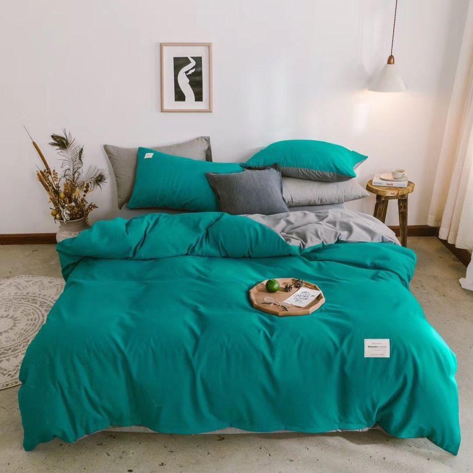 Bộ Chăn Ga Gối Cotton Đũi Xanh Lam Phối Ghi