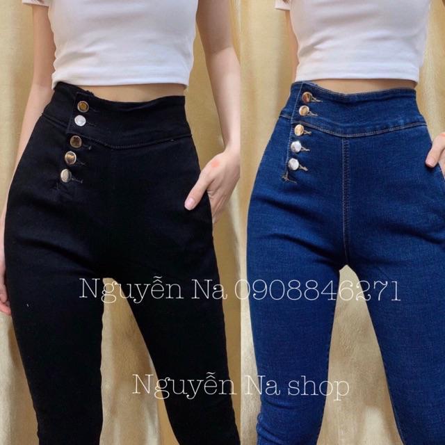 QUẦN JEANS LƯNG CAO TRƠN NÚT HÔNG- jeans siêu mềm giãn