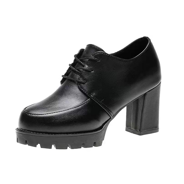 Giày boot nữ đế vuông 7 phân cột dây trơn cao cấp, bốt nữ gót vuông phong cách Korea S084
