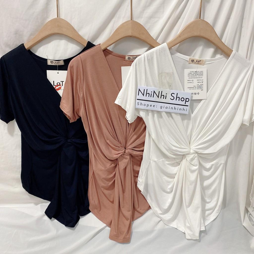Áo thun dẻo rúm vạt giữa cổ tim ngắn tay, Áo kiểu thun lạnh co giãn AT1435 - NhiNhi Shop
