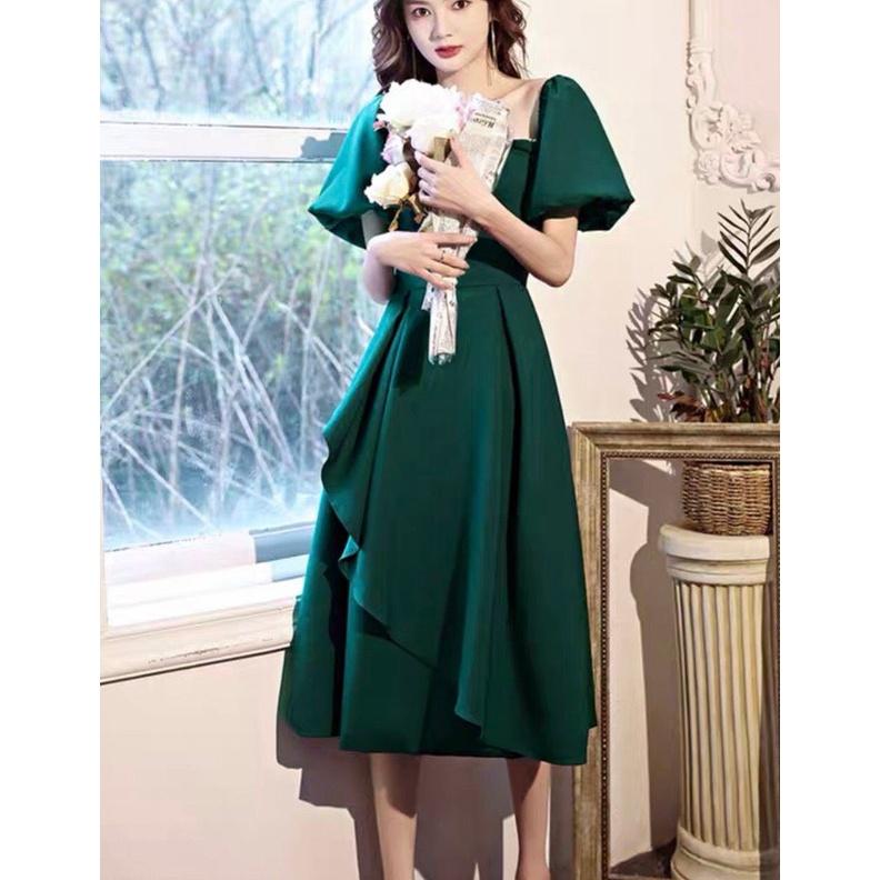 Đầm Xoè Xanh Tay Phồng Cổ Viền Ren