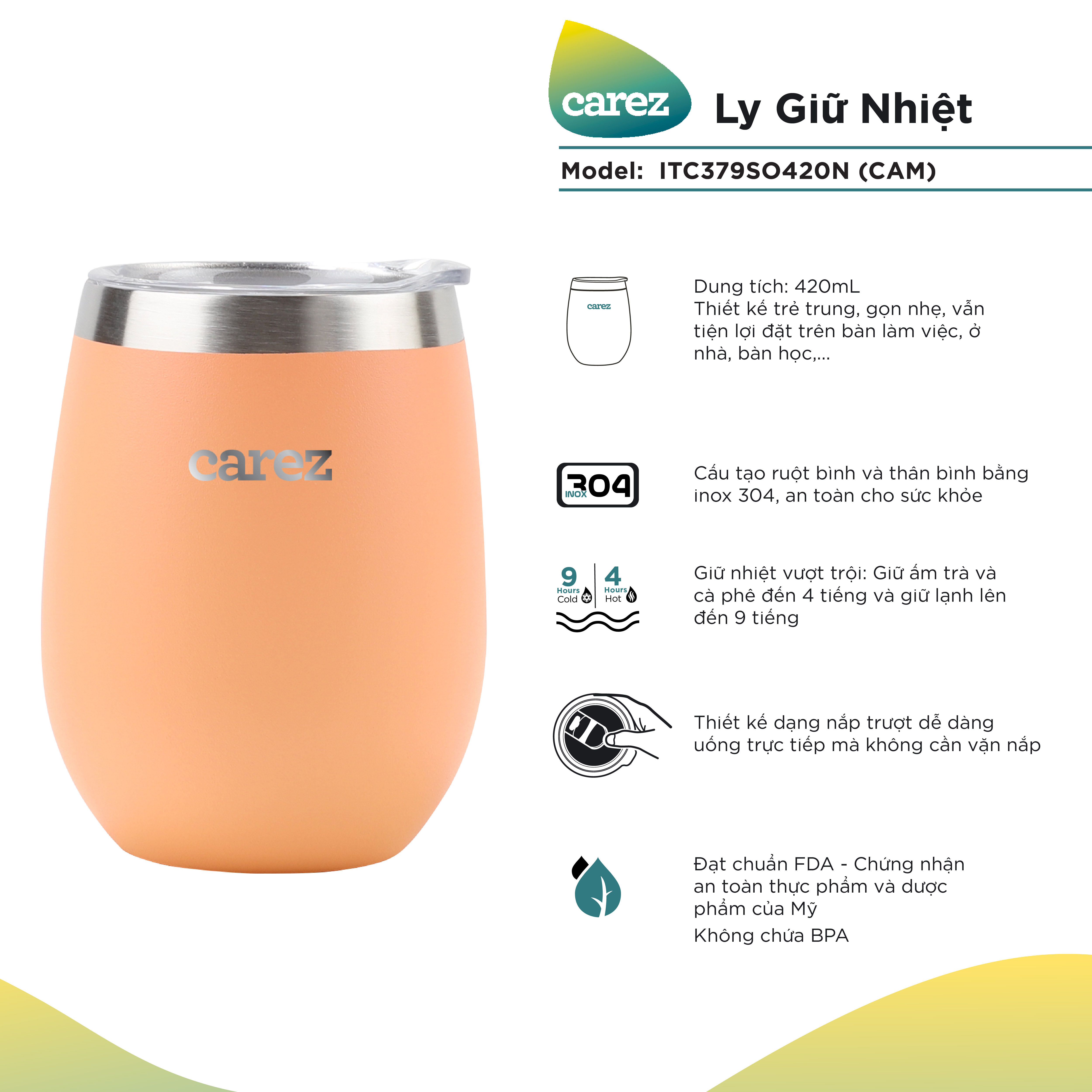 Ly Giữ Nhiệt Carez ITC379SO420N- CAM- 420ml, Inox 304, Không chứa BPA - Giữ nóng đến 4 tiếng, giữ lạnh đến 9 tiếng - Hàng chính hãng