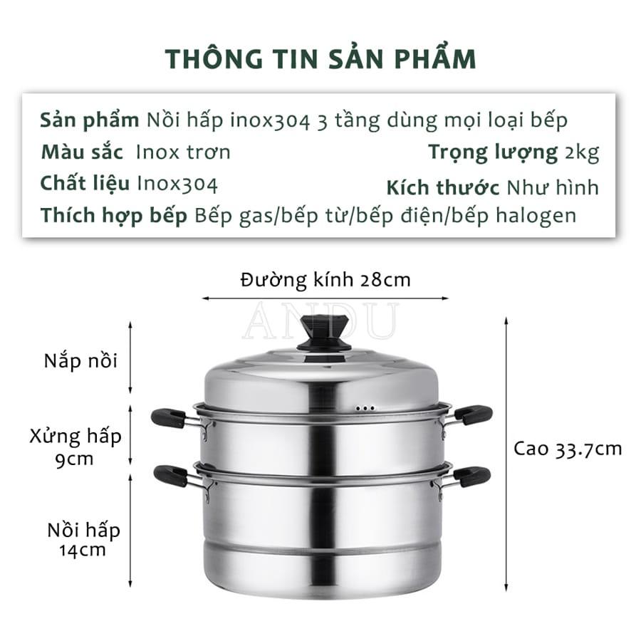 Nồi Hấp Inox 3 Tầng 28cm Chất Liệu Inox Không Gỉ, Bền Bỉ, An Toàn Cho Sức Khỏe Người Sử Dụng