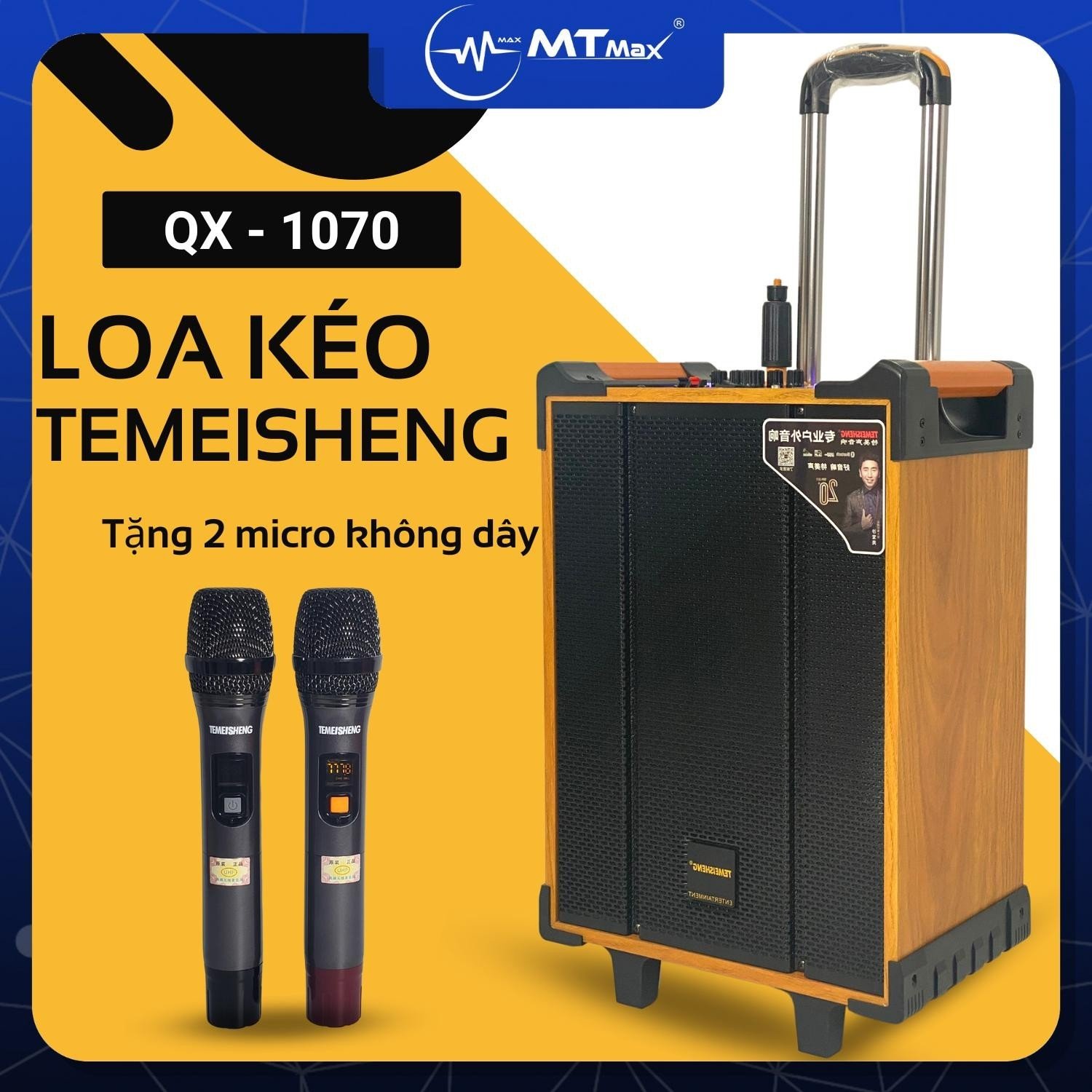 Loa kéo di động Temeisheng QX1070 – Bass 30, Công Suất 300W tặng kèm 2 mic UHF cao cấp cho âm thanh hay phù hợp karaoke gia đình tiệc tùng