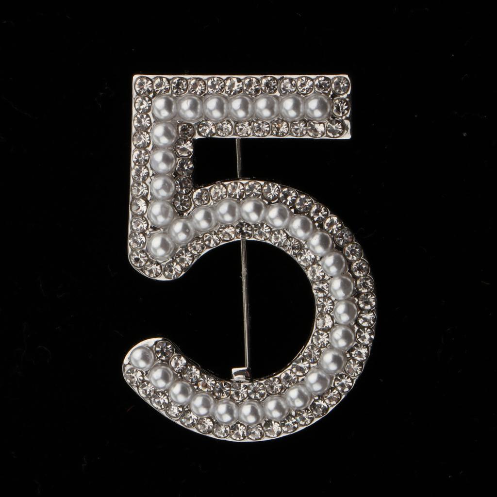 2X Fashion Women Crystal Rhinestone Pearl Number 5 Brooch Pin Jewelry Silver