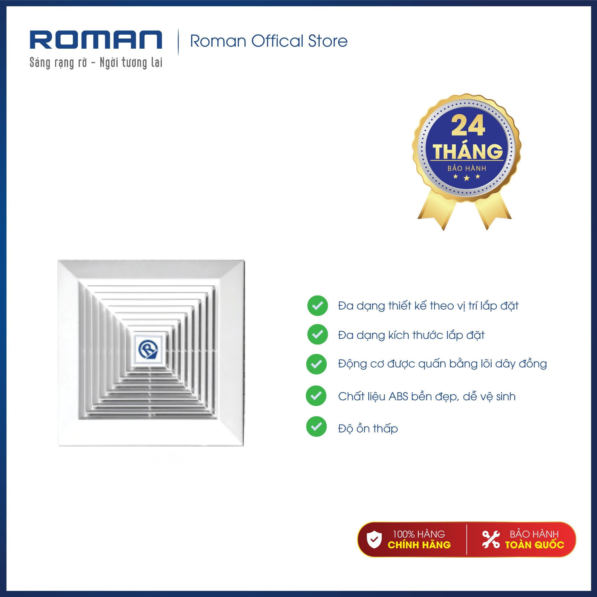 Quạt hút âm trần nối ống gió sải cánh 30cm hàng chính hãng Roman - Hút mùi hút ẩm hút nhiệt hiệu quả với lưu lượng hút cao và độ ồn cực thấp RCF30T