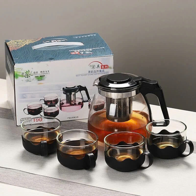 Bộ Bình Trà Thủy Tinh kèm Tách Lưới Lọc Inox 304 Không Gỉ- Tiện Lợi - Chính Hãng