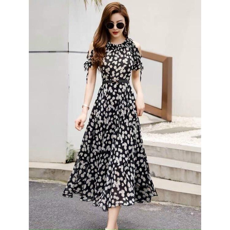 Đầm Maxi Hoa Cúc Thiết Kế Hở Vai Cột Dây, Cổ Nhún Bèo Xịn Sò, Tôn Dáng Yểu Điệu Thướt Tha, Sang Chảnh