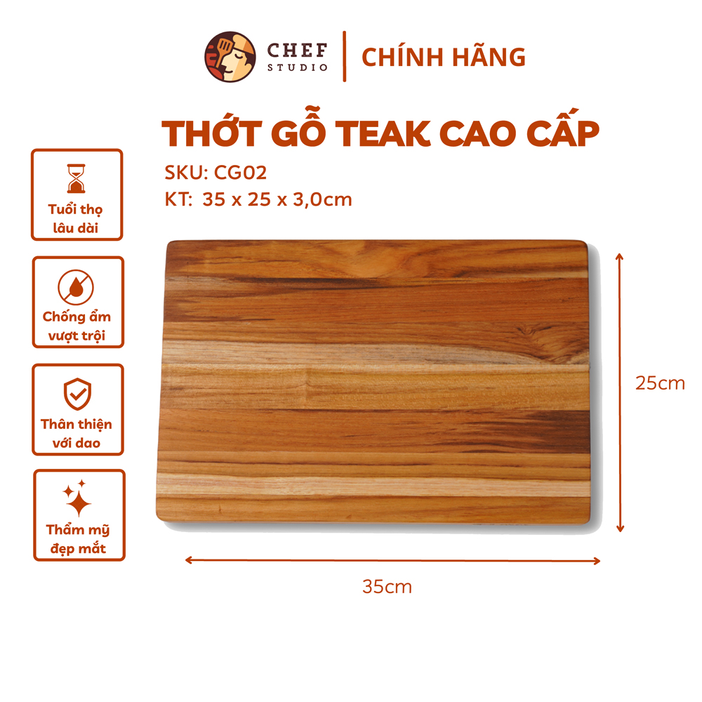 Thớt gỗ Teak ghép ngang, hình chữ nhật 25x35x3 cm - MSP CG02. Dùng cắt, thái, khay trưng bày thực phẩm.