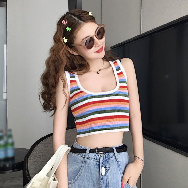 Rainbow Stripe Vest Retro Short Tank Top