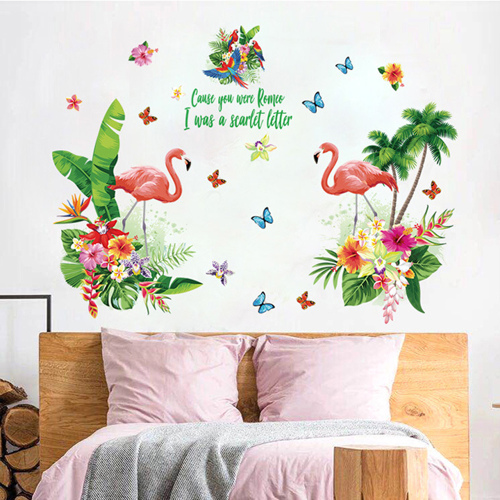 Decal dán tường chất liệu PVC loại 1 trang trí phòng khách- Đôi hạc lá xanh
